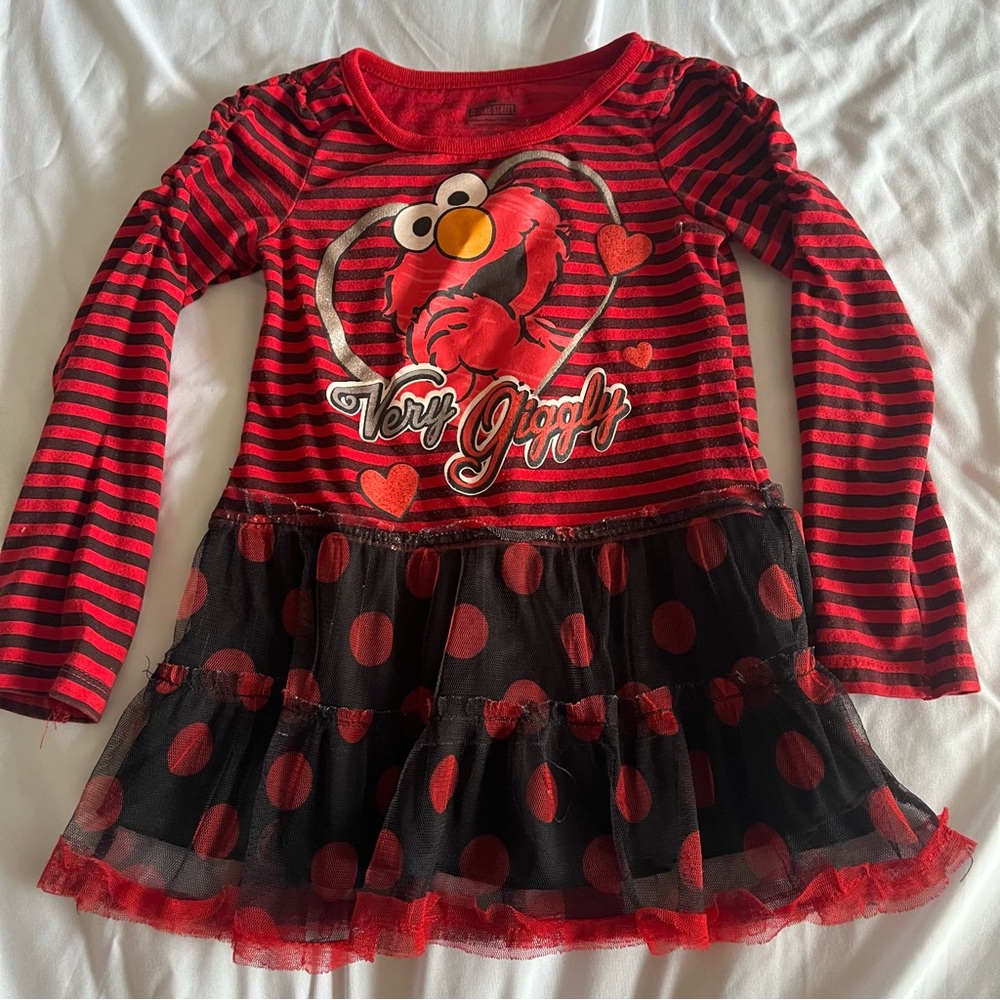 Elmo Sesame Street Heart Stripe Polka Dot Tulle Skirt Toddler Girl 3T Dress